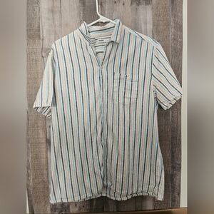 Sonoma Blue White Orange Pink Linen Blend Short Sleeve Button Up Striped Shirt M